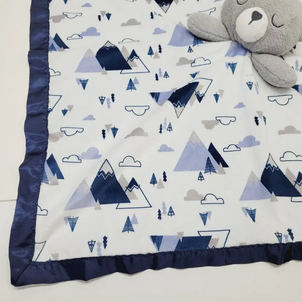 Just Born Bear Baby Blanket White Grey Blue Mountains Satin Security Lovey 24